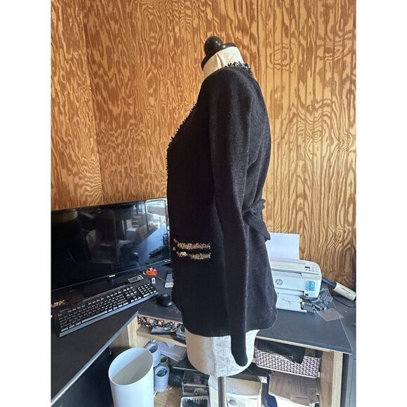 Naif Petite PM Tie Cardigan Sweater Knit Blak Detailed Trim Corporate Witchy - Picture 4 of 7